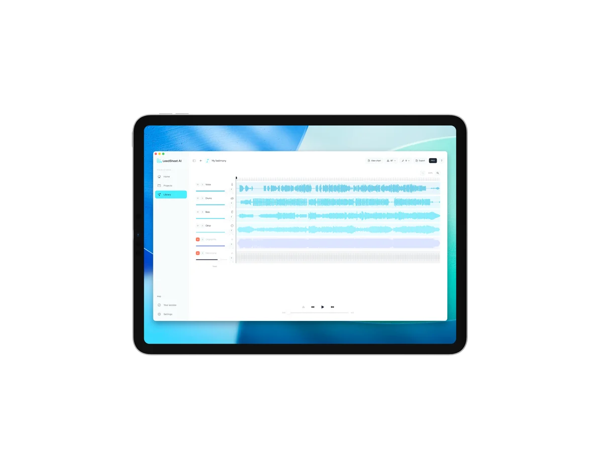 LeedSheet on an iPad with the song split into voice, drums, bass and other tracks