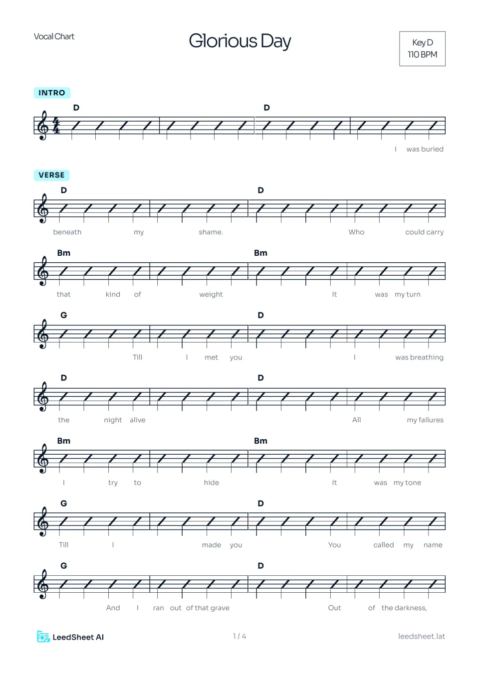 Chart de acordes generado con LeedSheet AI: cifrado sobre compases, secciones marcadas y letra alineada, en tonalidad D y 110 BPM