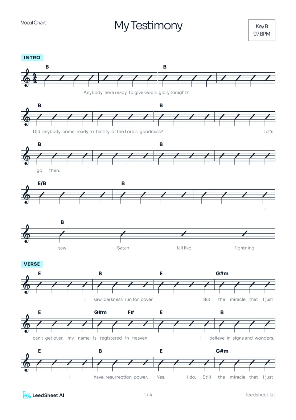 Chord chart in the key of B at 97 BPM generated by LeedSheet AI, with intro and verse sections and chord symbols over measures