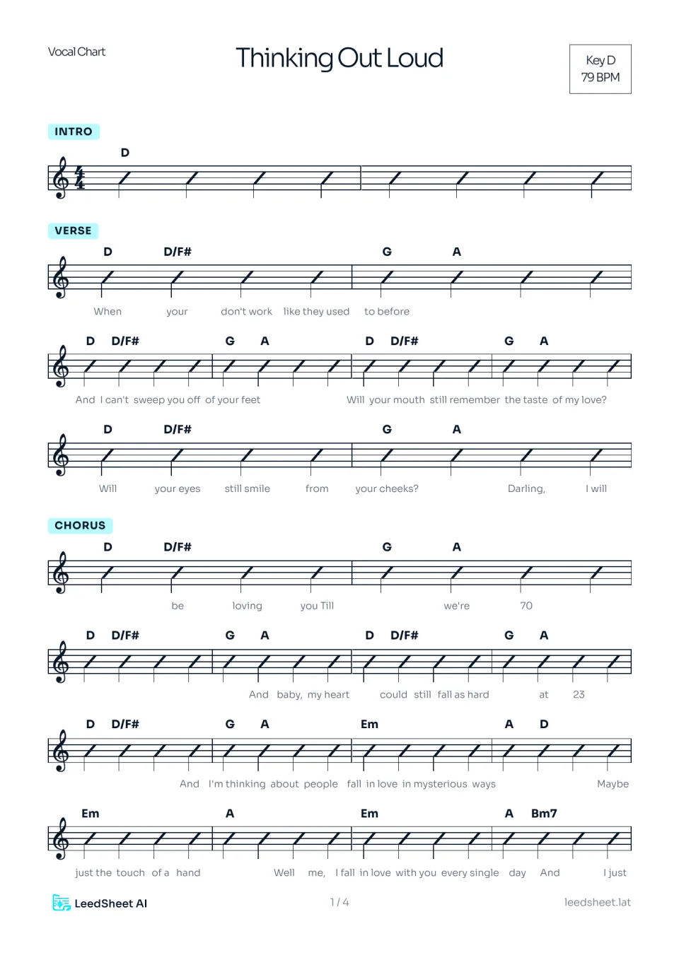 Chart de acordes en tonalidad D a 79 BPM generado con LeedSheet AI, con secciones de intro, verso y coro sobre compases