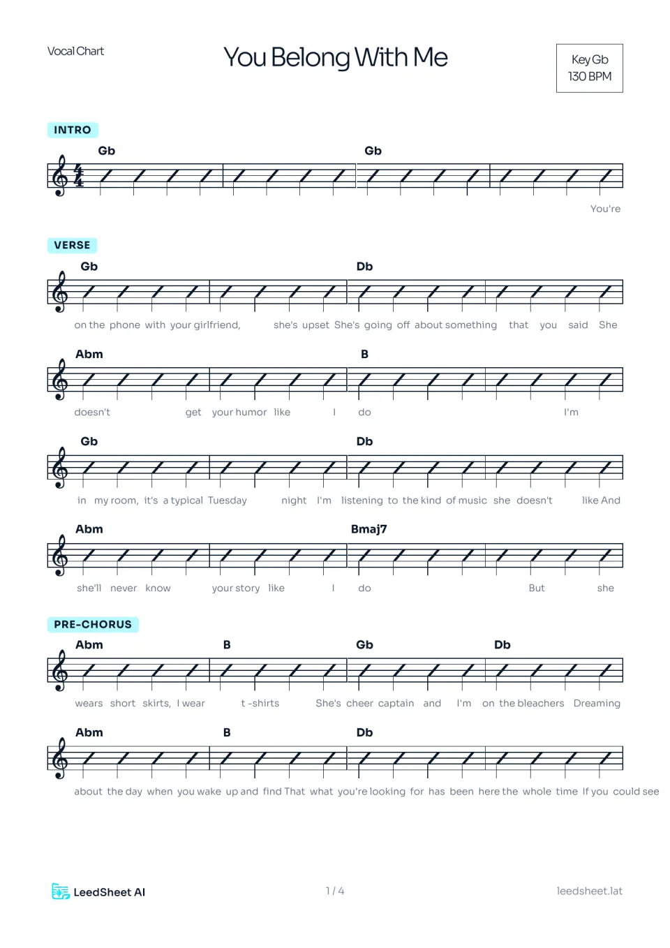 Chord chart in the key of G flat at 130 BPM generated by LeedSheet AI, showing chord symbols over measures with intro, verse and pre-chorus sections