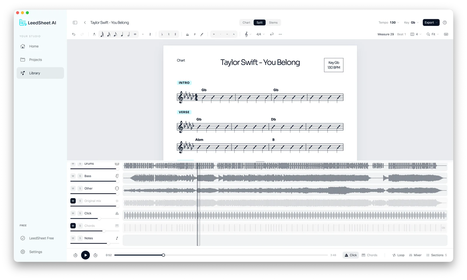 LeedSheet Split view with the score above and stems below