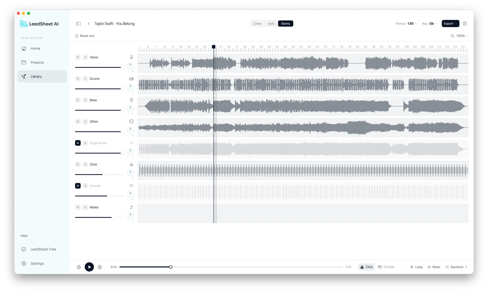 New LeedSheet stems mixer showing vocal, drum, bass and instrument tracks